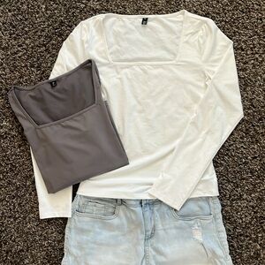 Kena Que Gray & White Long Sleeve Spandex Square Neck Top, Size Medium Set of 2